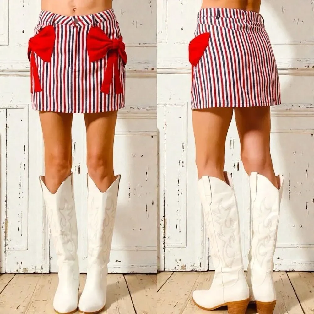Denim Mini Skirt Patriotic Flag USA Red White Blue Striped Bow Pocket XL SO ME - Picture 5 of 13